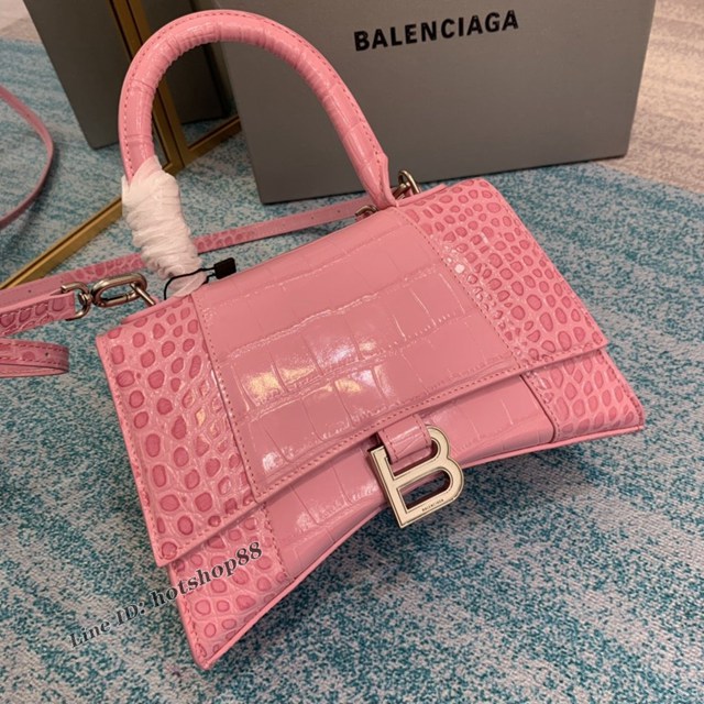 Balenciaga專櫃爆款手提肩背女包 巴黎世家鱷魚紋牛皮櫻花粉Hourglass沙漏包 fyj1018